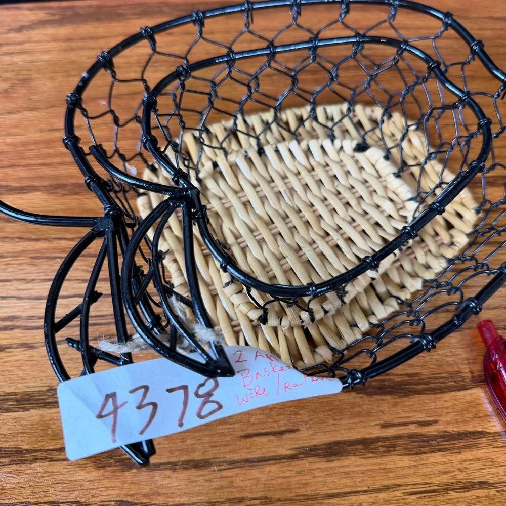 Vintage Apple Wire Rattan Nesting Baskets Set of 2 Black Farmhouse Decor 4378